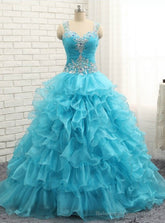 Luxury Blue Crystal Ruffles Sweetheart Organza Quinceanera Dresses